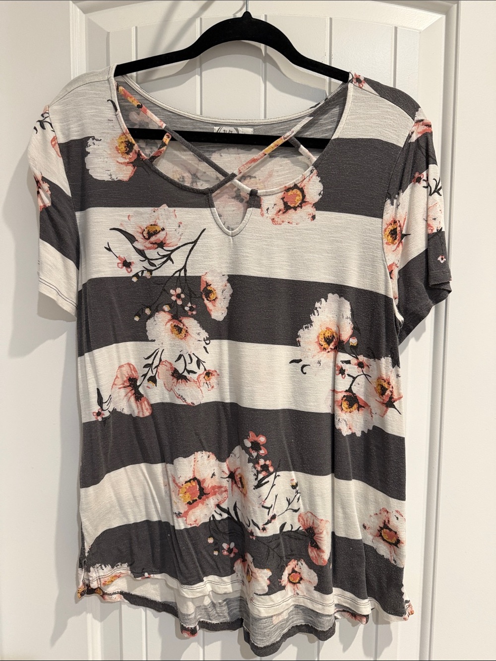 Crisscross Neck Striped Tee with Pink Floral Print